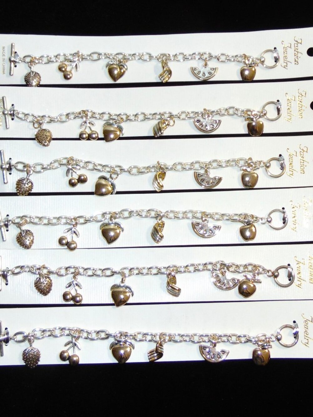 Lot of 6 Gold/Silver Tone fruit design dangle Charm Bracelets
